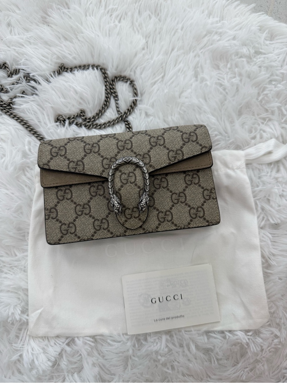 Gucci Beige GG Canvas Dionysus Mini Crossbody Bag with Silver Hardware